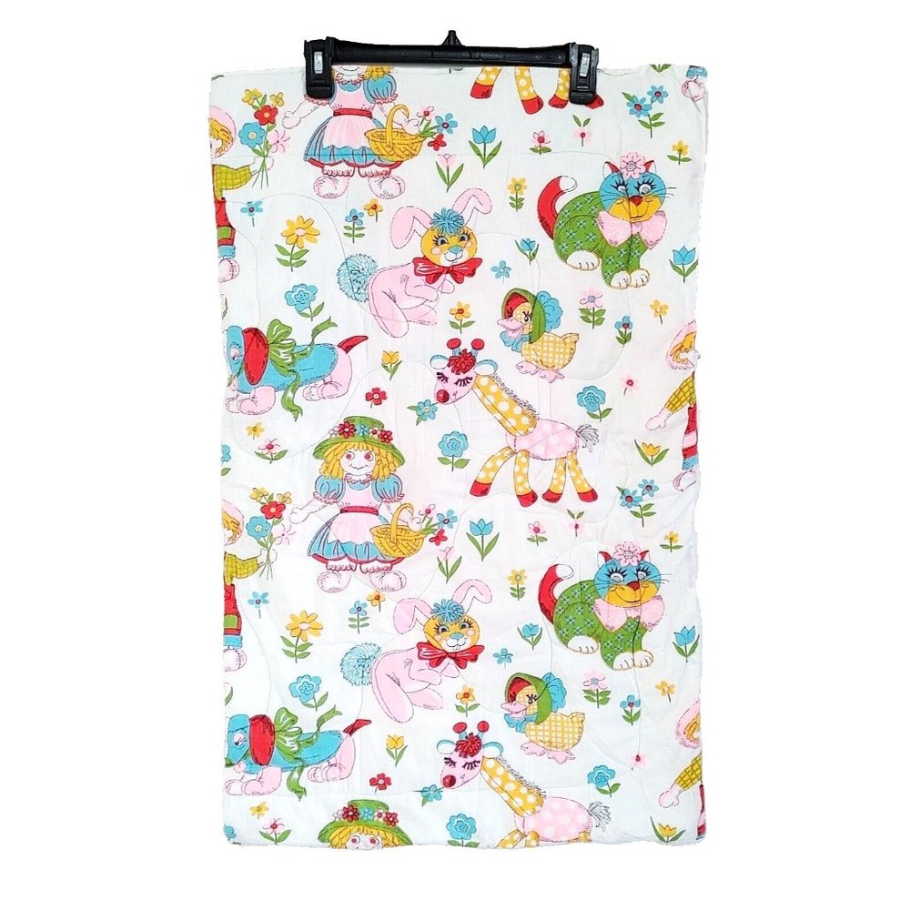 Vintage Childs Sleeping Bag Blanket Zip Quilted 70s Cat Rabbits Giraffe Ducks